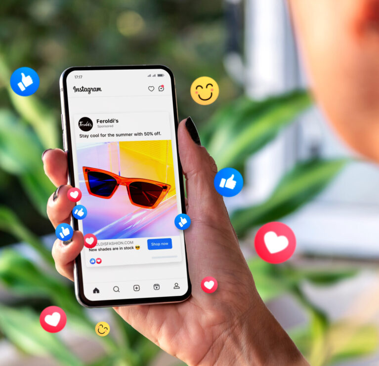 Meta ads on mobile phone screen. Woman holding smartphone showing advertising example on Instagram. Rosario, Argentina - March 06, 2024.