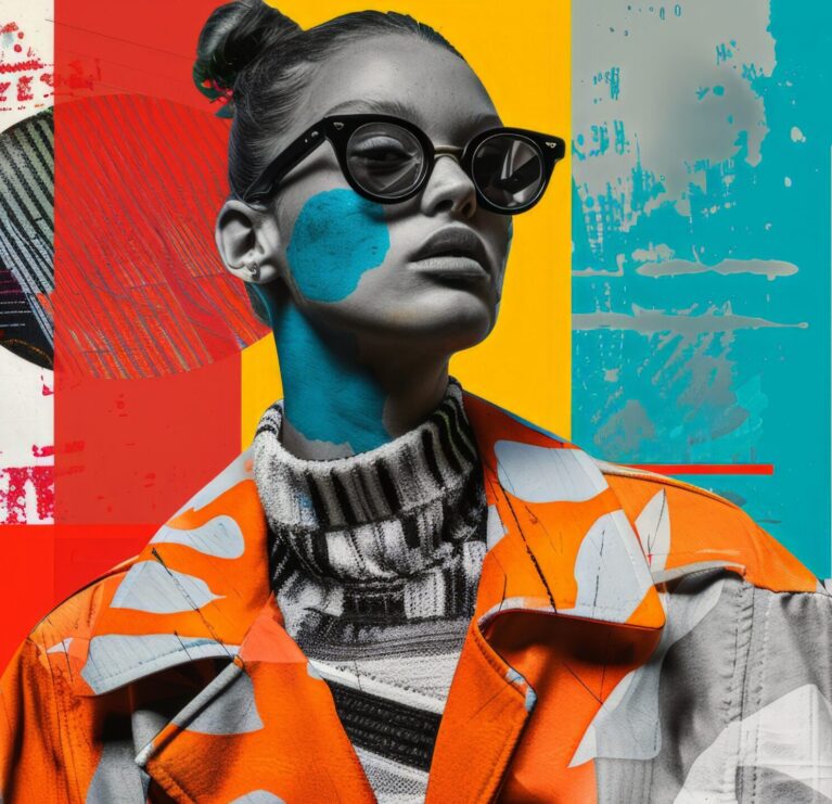 Retro futuristic poster with 80s and 90s high fashion aesthetic. Grunge noise Creative Mixed media collage. Stylish vintage backdrop, grunge graphic design style.