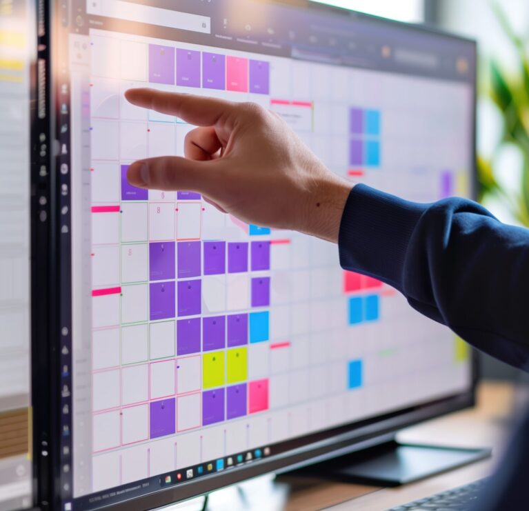 Digital Marketing: Social media manager scheduling posts using a content calendar. Organized professional planning and optimizing social media strategy to enhance engagement, brand visibility, growth.