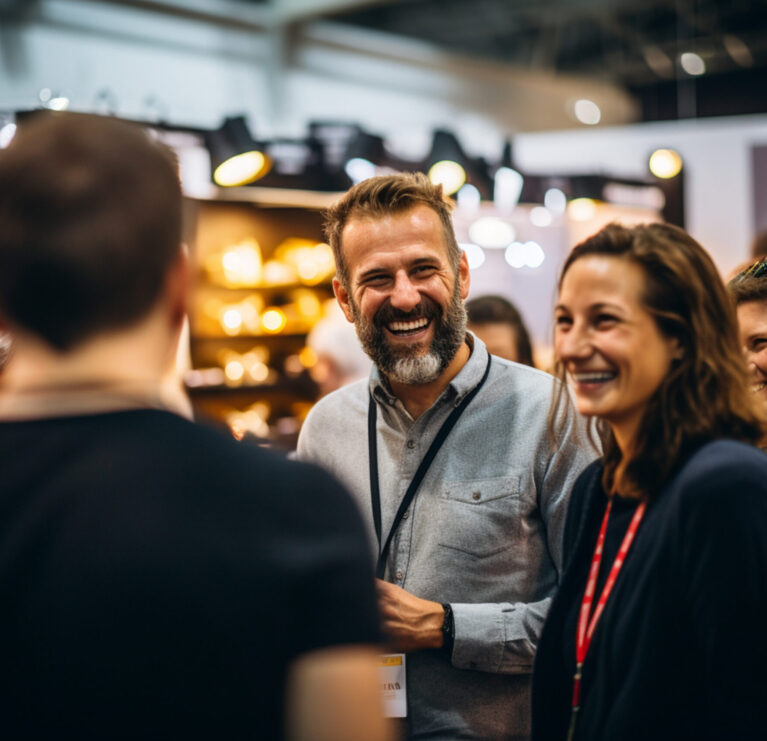 Close up picture of a happy and laughing staff or participant people group listening to a startup business owner at a trade show exhibition event. Generative AI.